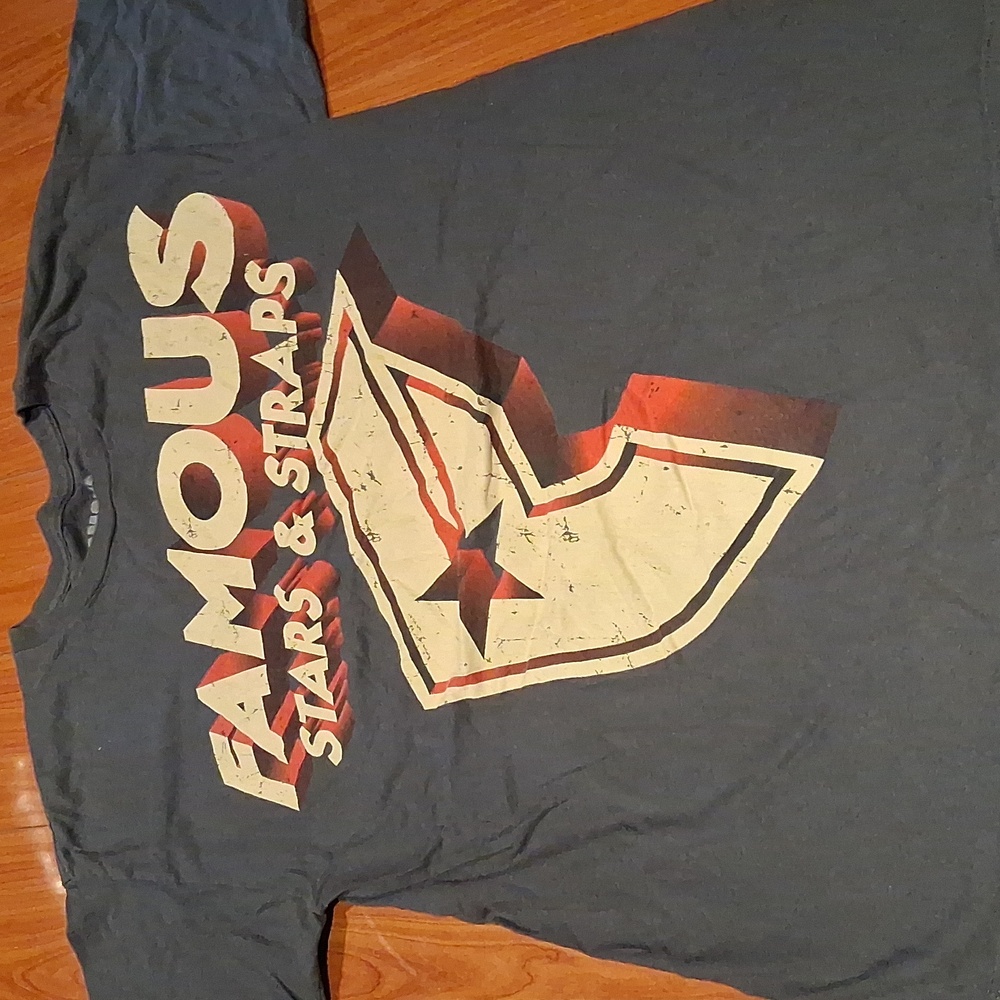 Famous Stars & Straps Charcoal Tee with Red and Cream Logo LARGE